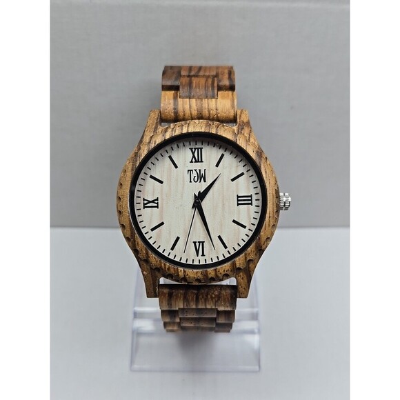 TJW Zebrawood Quartz Watch Roman Numeral Wooden Case 45mm New Battery Analog - Picture 1 of 10
